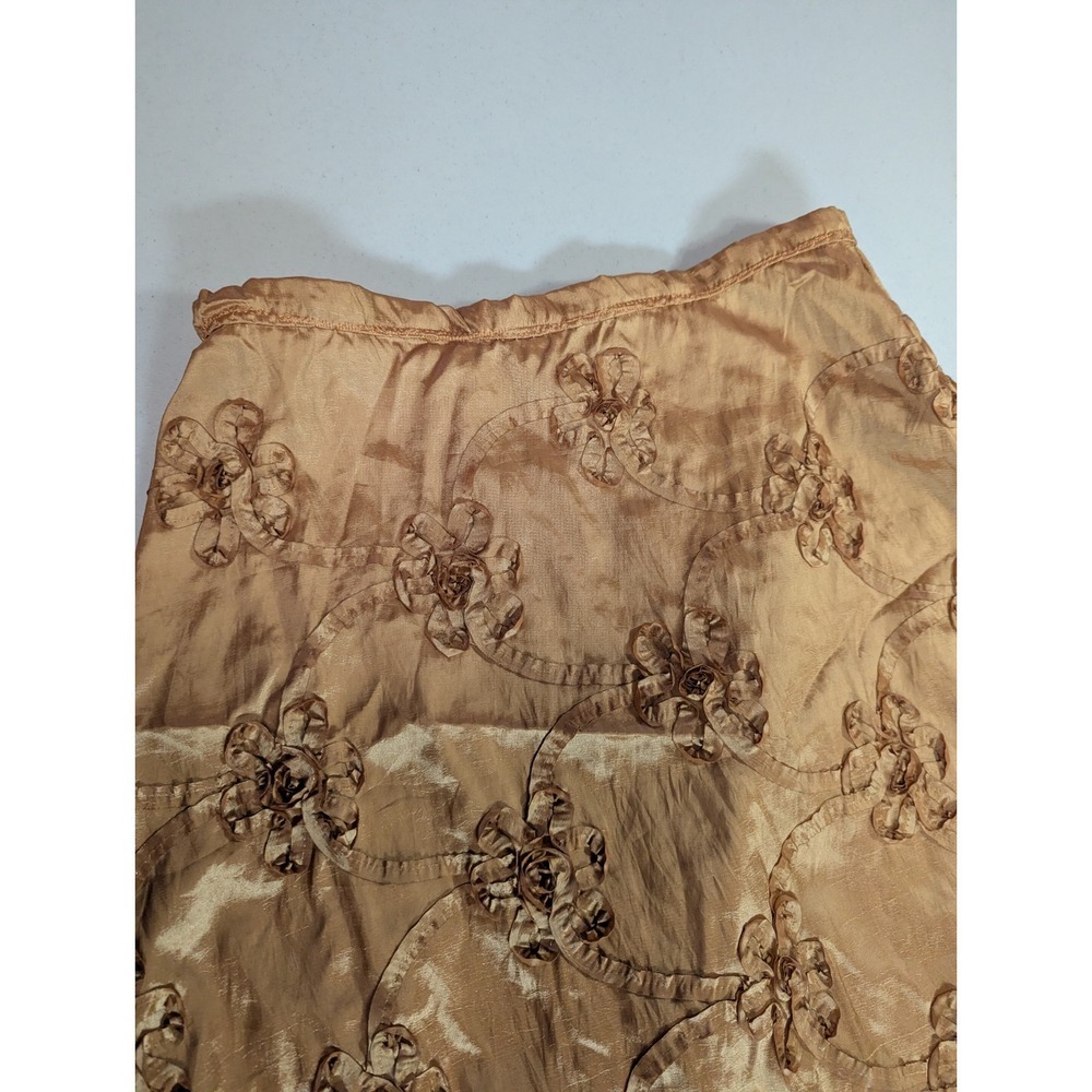 Vtg Handmade Gold Taffeta Maxi Skirt 3D Rosette Floral Appliqué Iridescent Boho - Picture 10 of 12